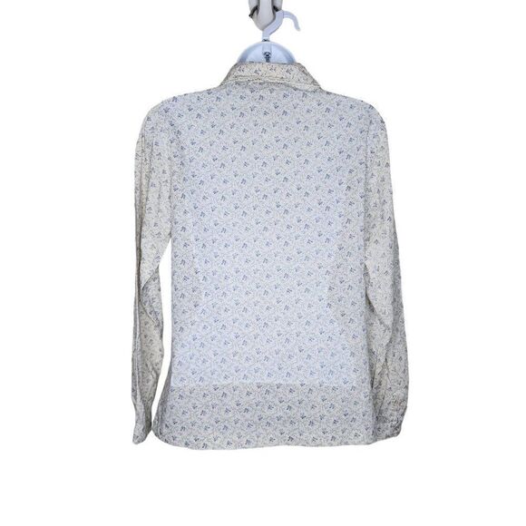 Vintage 80s Button Up Blouse Womens Size M White Blue Country Floral Shabby - Picture 2 of 6